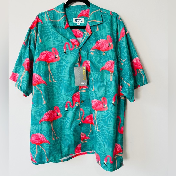 Vibrant Pink Flamingo Wooden Button Down Shirt By Uzzi Size XL - Picture 1 of 6